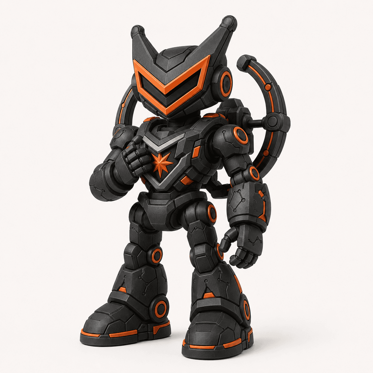 Figura conceptual VYVO NOVA negra y naranja con equipo de exploración cósmica.