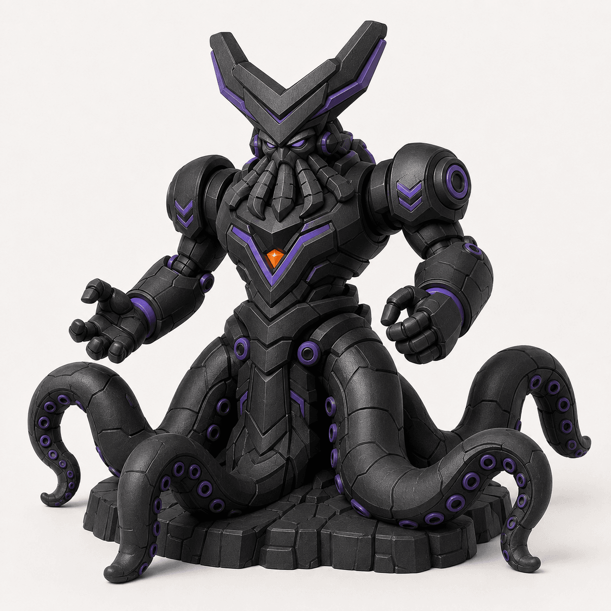 Figura conceptual premium VYVO ABYSS negra y morada con seis extremidades.
