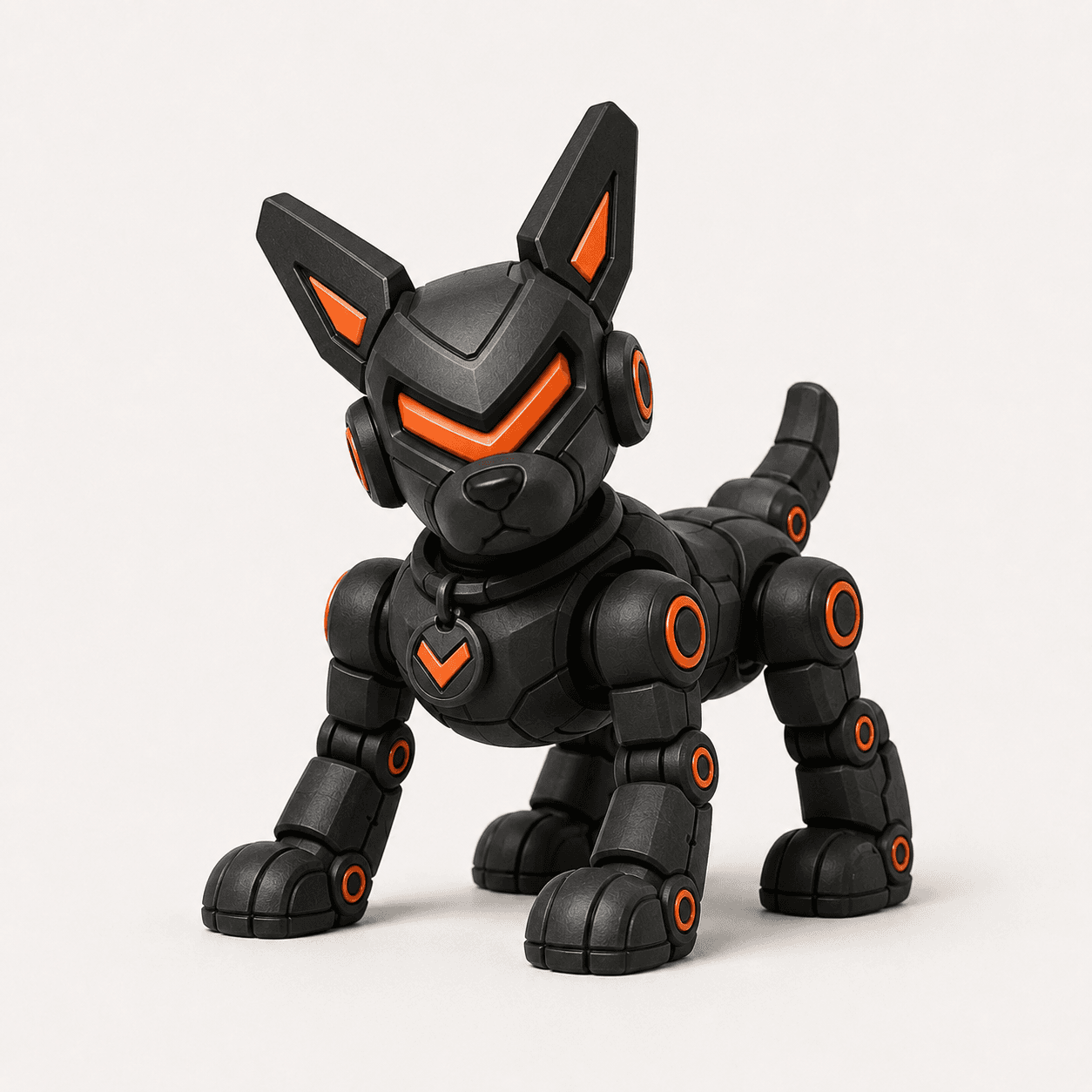 Compañero cuadrúpedo conceptual VYVO NEXO negro con acentos naranja.